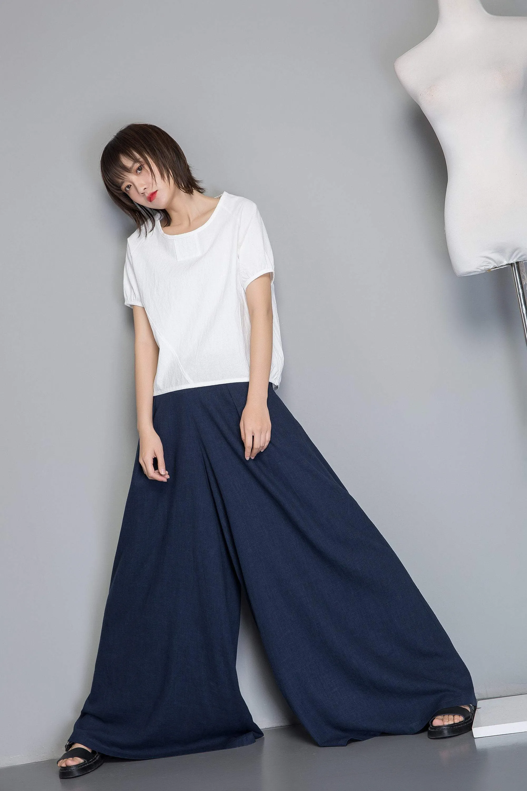 Blue linen pants, winde leg linen pants for womens,  loose and casual bule linen pants for summer, handmade plus size linen pants C1265