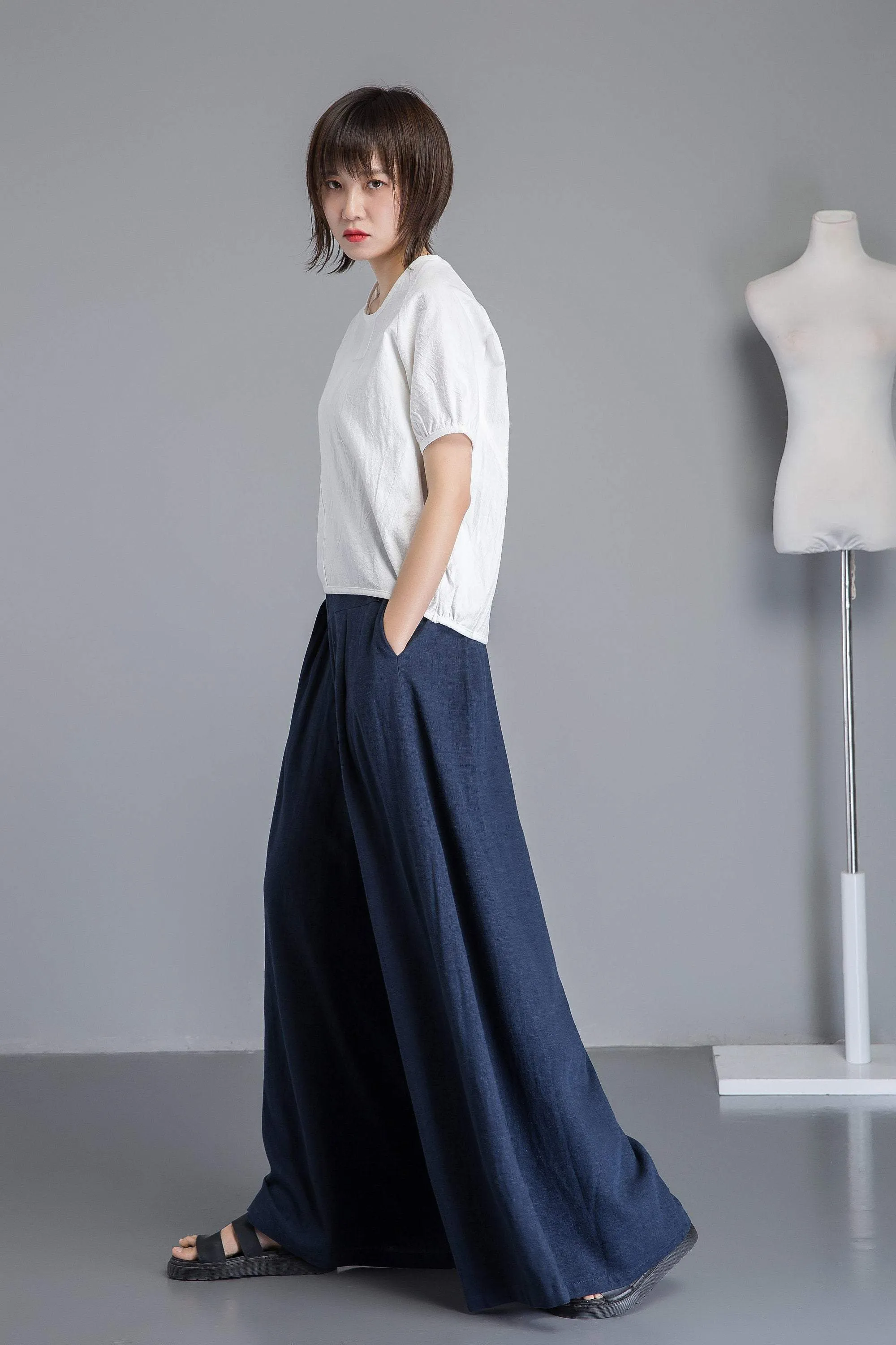 Blue linen pants, winde leg linen pants for womens,  loose and casual bule linen pants for summer, handmade plus size linen pants C1265