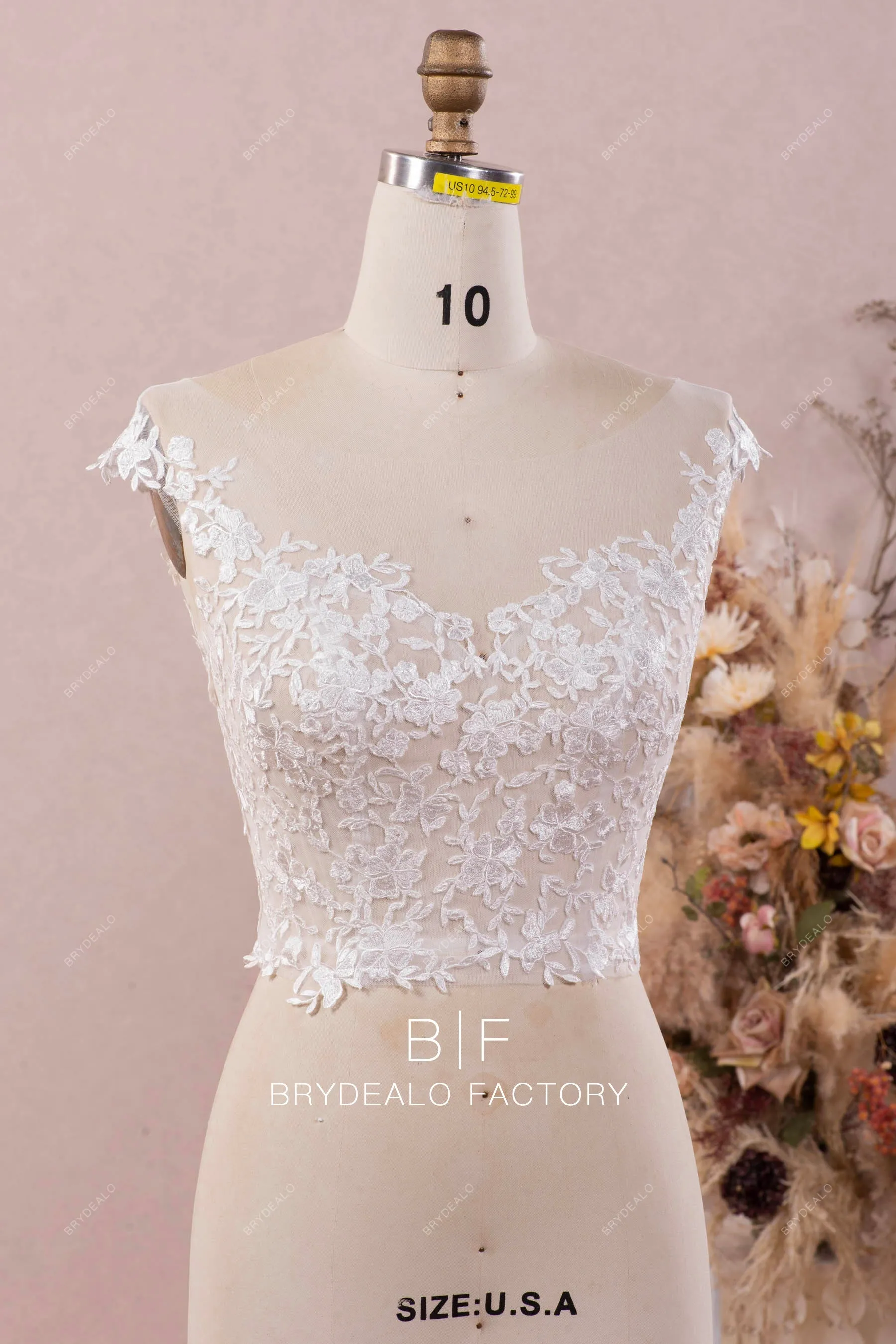 Boat Neck Lace Wedding Bolero Sheer Cap Sleeves Bridal Crop Top