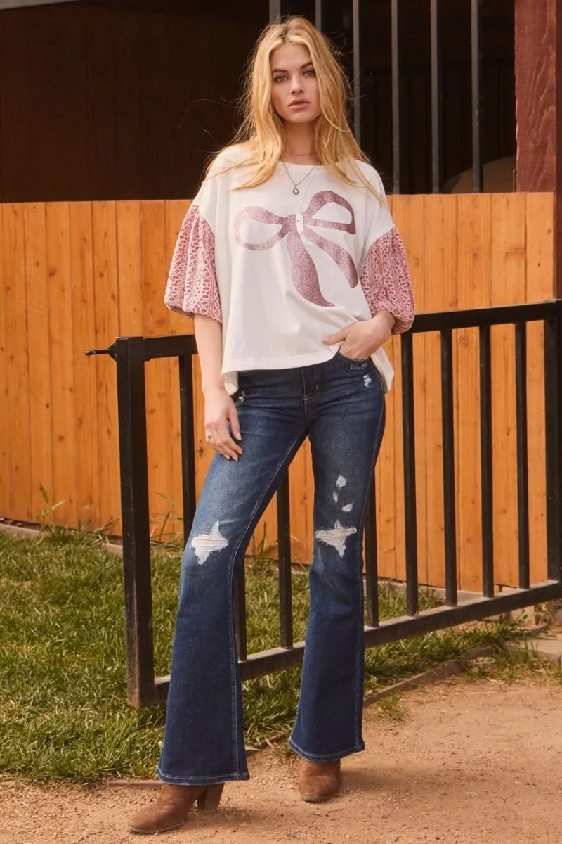 Bows Glitter Printed Detail Knit Top