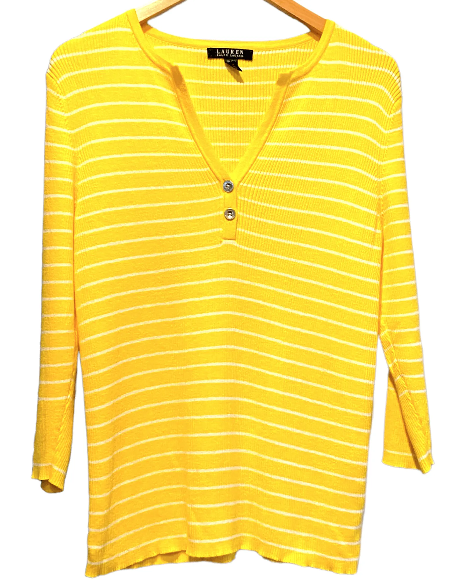 Bright Winter Yellow Stripe Split Neck Knit Top