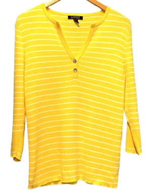 Bright Winter Yellow Stripe Split Neck Knit Top