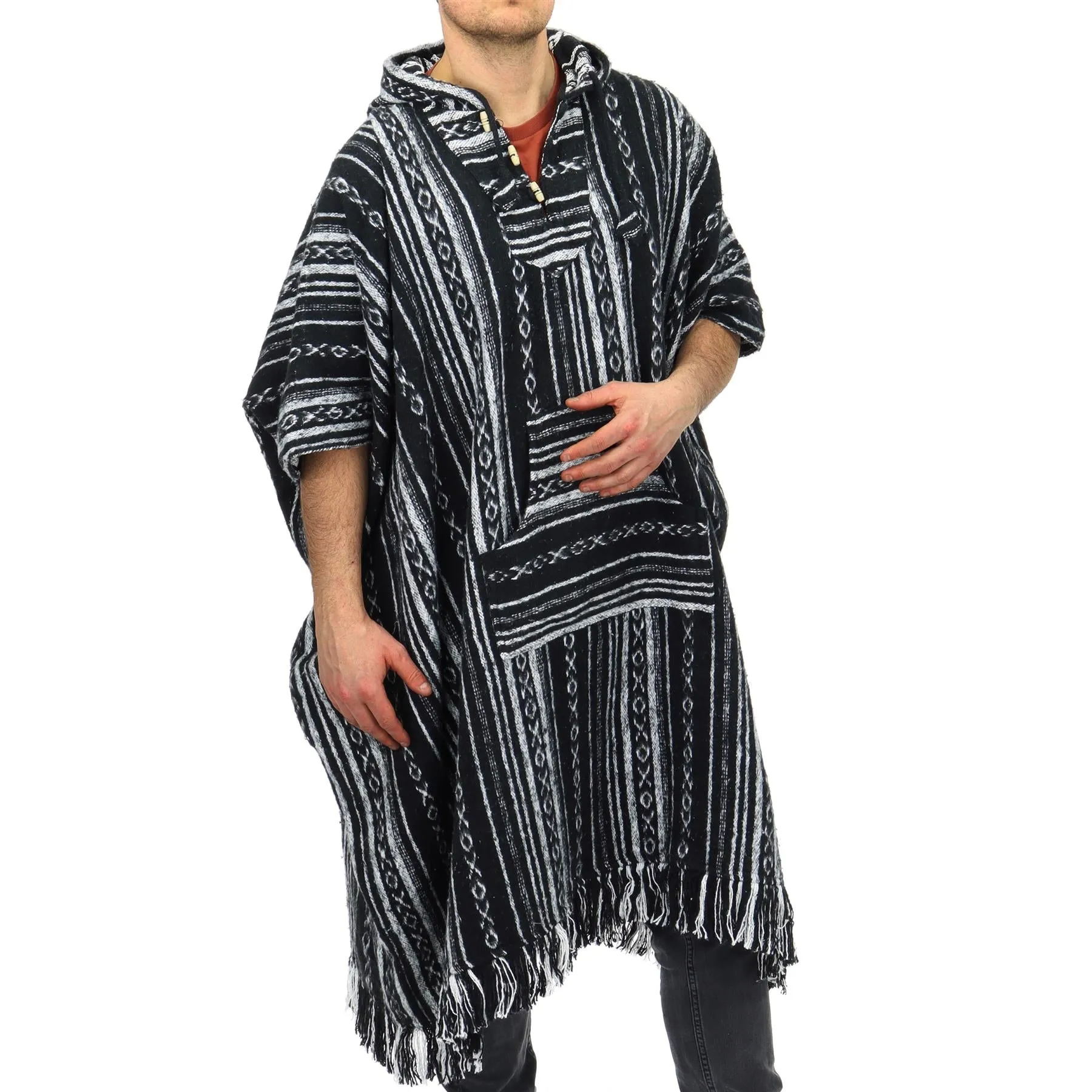 Brushed Cotton Long Hooded Poncho - Black Diamond
