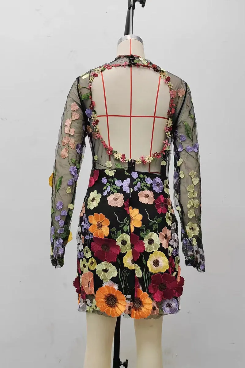 BT3050 Flower Embroidery Mini Dress