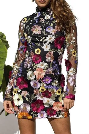 BT3050 Flower Embroidery Mini Dress