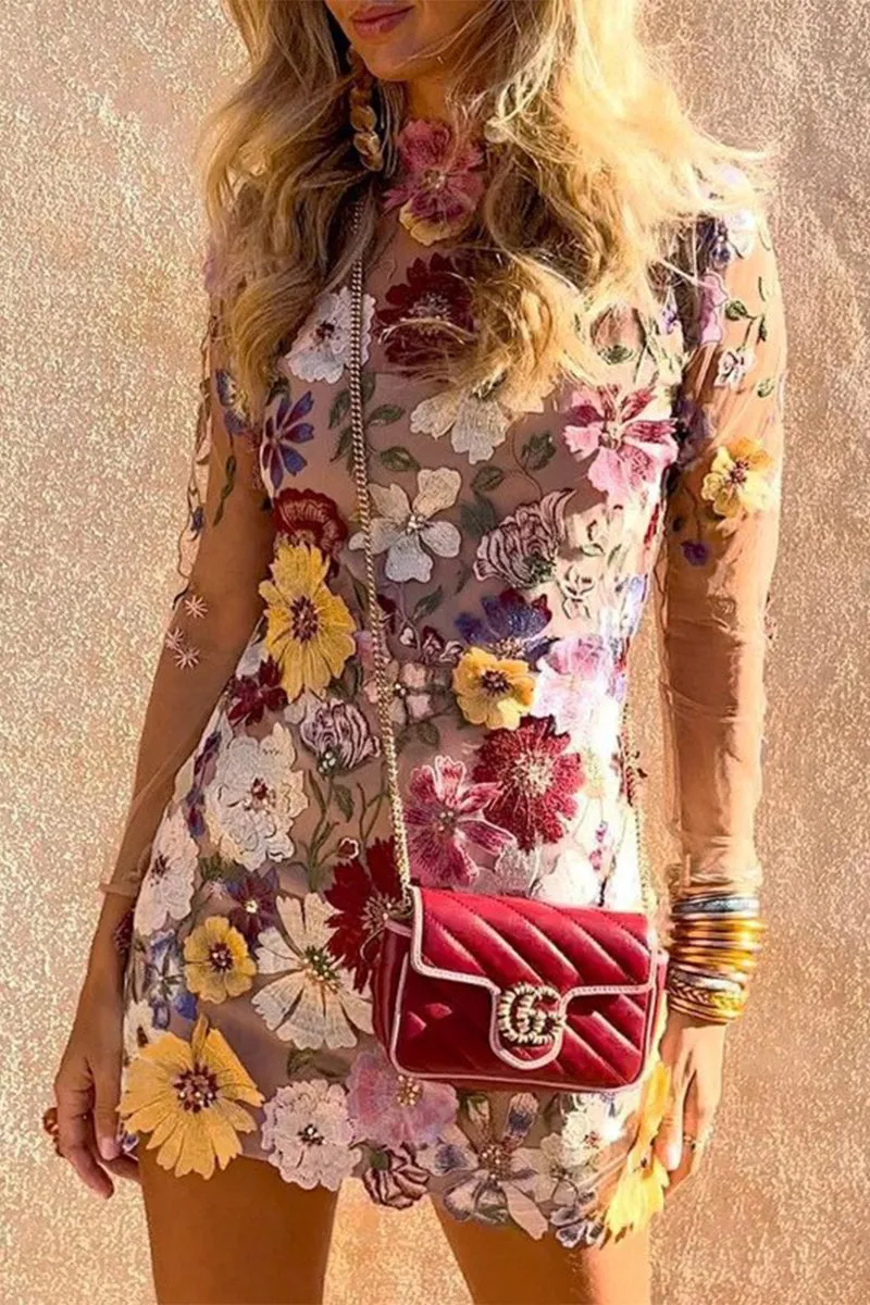 BT3050 Flower Embroidery Mini Dress
