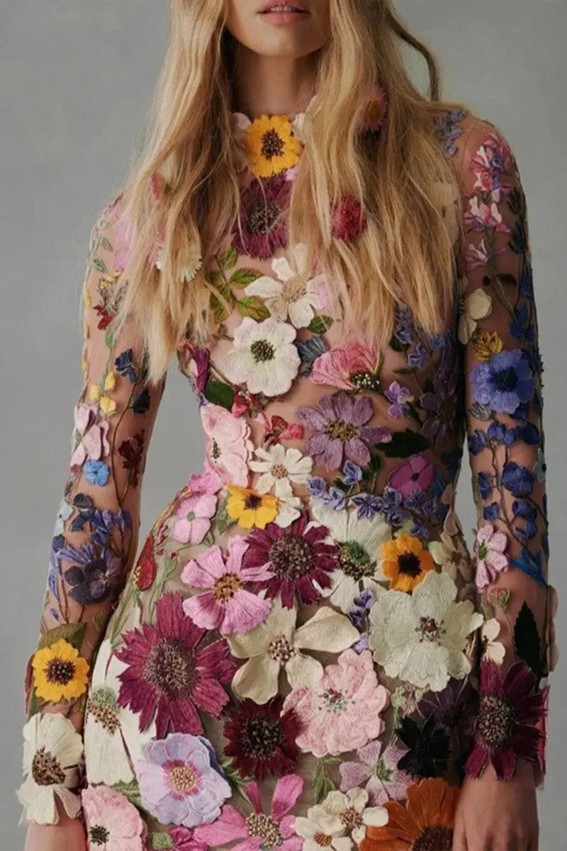 BT3050 Flower Embroidery Mini Dress