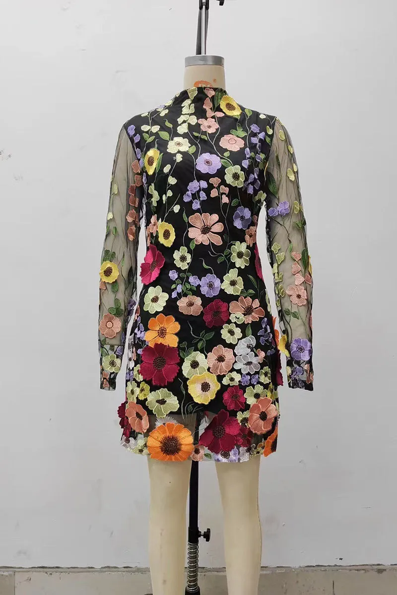 BT3050 Flower Embroidery Mini Dress