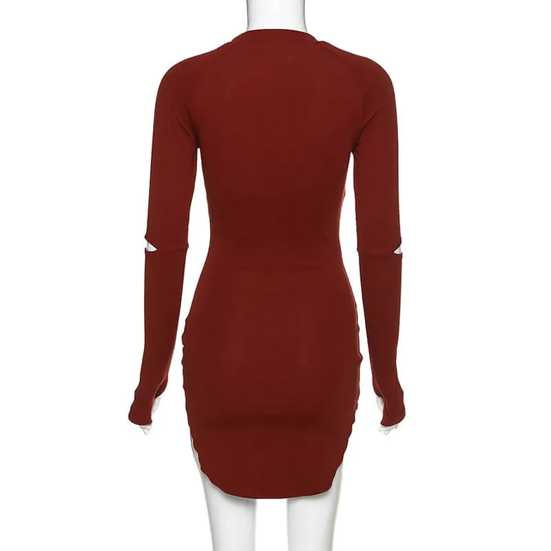 Burgundy Long Sleeve Bodycon Empire Waist Split Dress