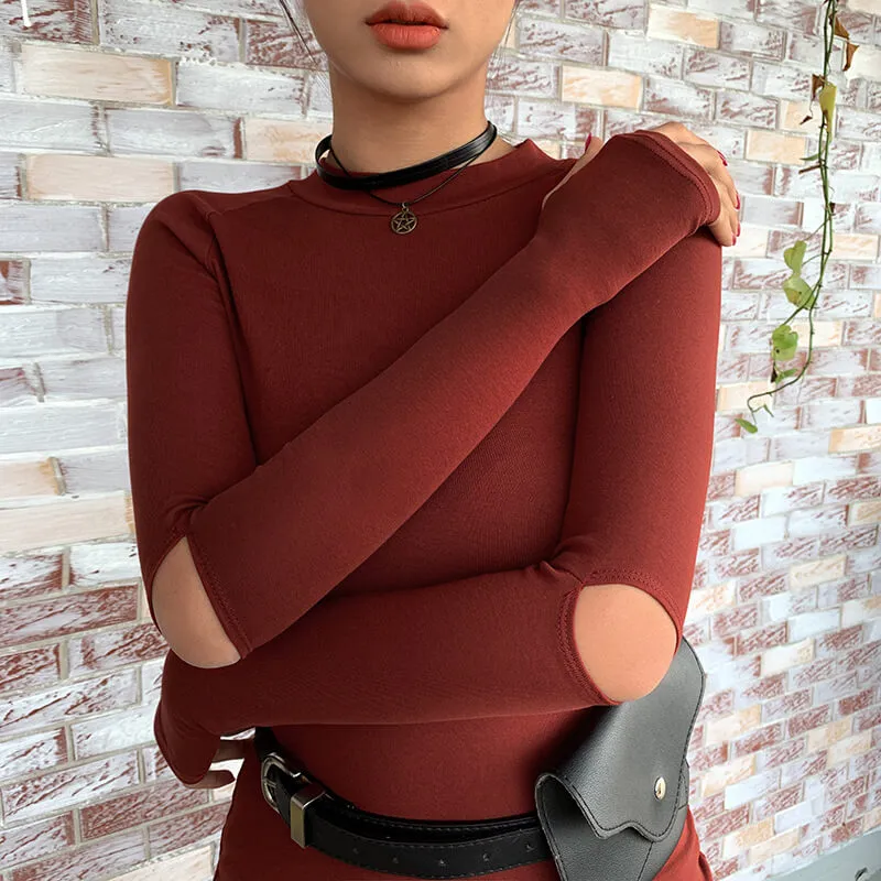 Burgundy Long Sleeve Bodycon Empire Waist Split Dress
