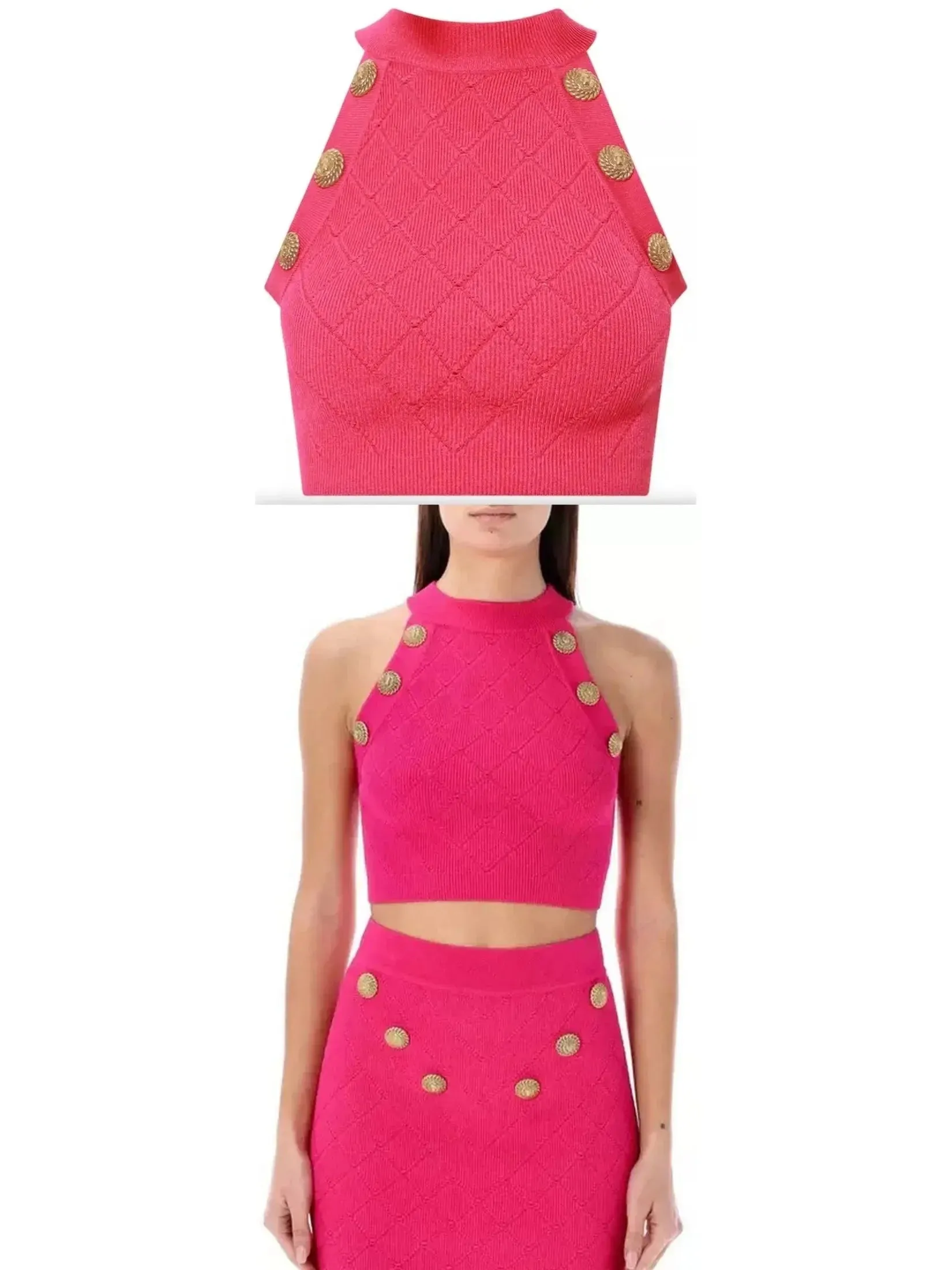 Button Knit Tank Top, Fuchsia Pink