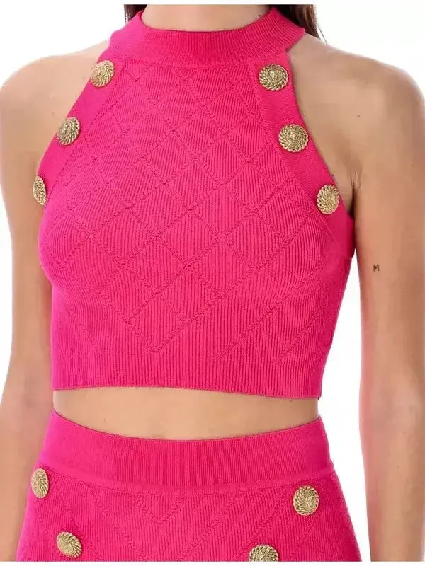 Button Knit Tank Top, Fuchsia Pink