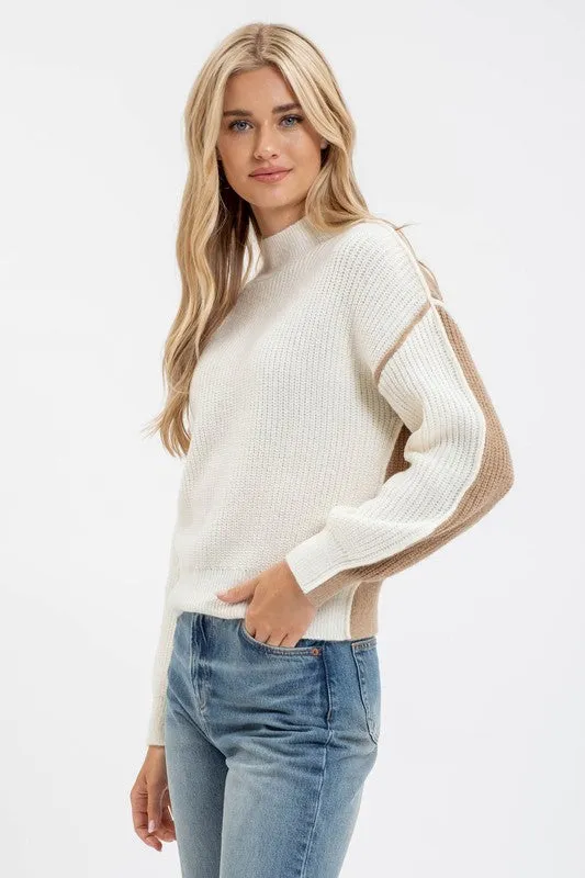 CALI COLORBLOCK MOCK NECK EXPOSED SEAM KNIT SWEATER