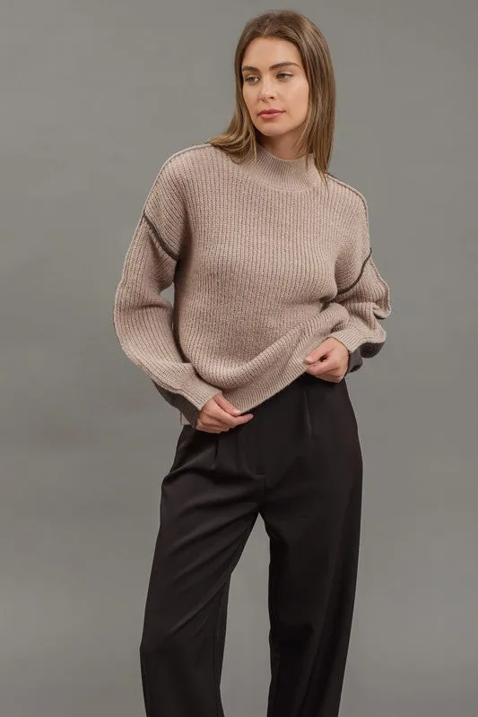 CALI COLORBLOCK MOCK NECK EXPOSED SEAM KNIT SWEATER