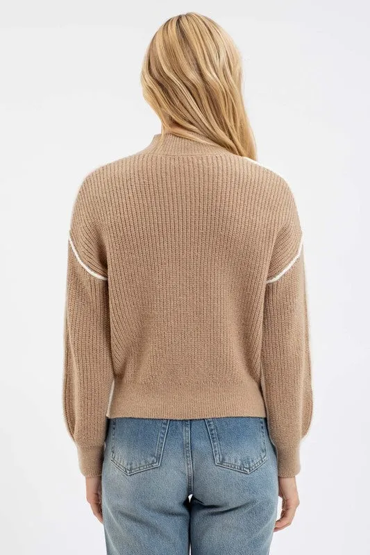 CALI COLORBLOCK MOCK NECK EXPOSED SEAM KNIT SWEATER