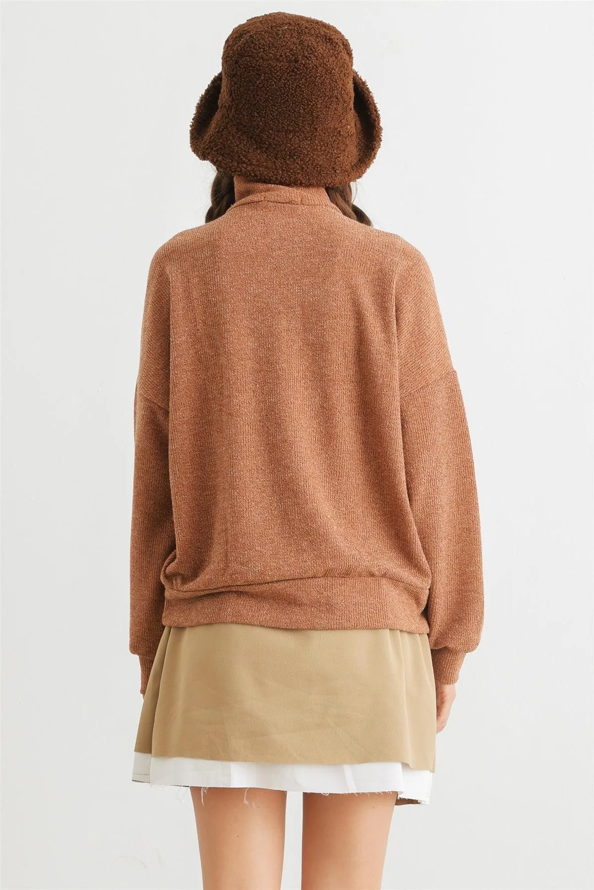 Camel Knit Zip-Up Neck Long Sleeve Top /2-2-2