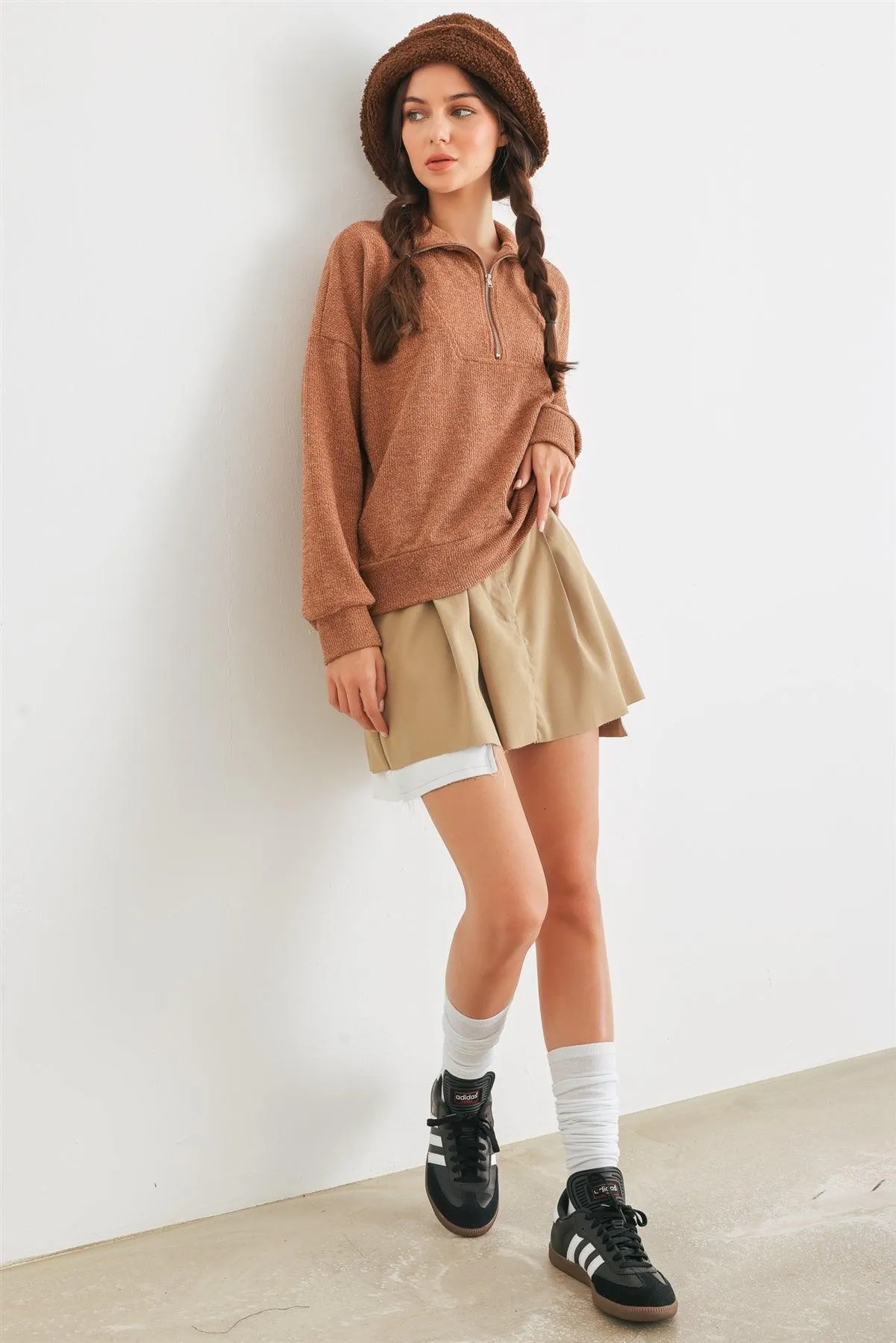 Camel Knit Zip-Up Neck Long Sleeve Top /2-2-2