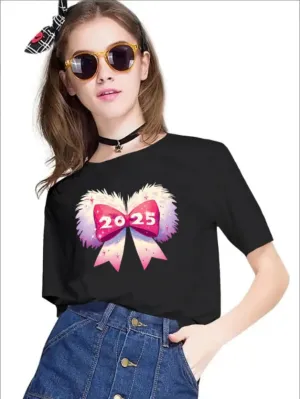 Cartoon Print Knit Top with Fuzzy Bow & 2025 Graphic – Trendy Women's Casual Wear with Unique Style & Comfort.