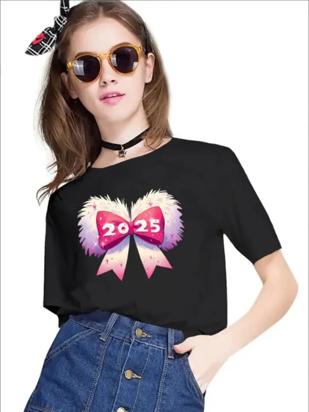 Cartoon Print Knit Top with Fuzzy Bow & 2025 Graphic – Trendy Women's Casual Wear with Unique Style & Comfort.