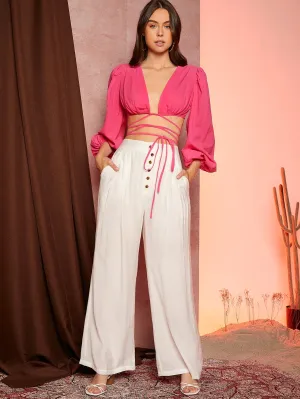 Casual Plain Button Front High Waist Long Women Pants
