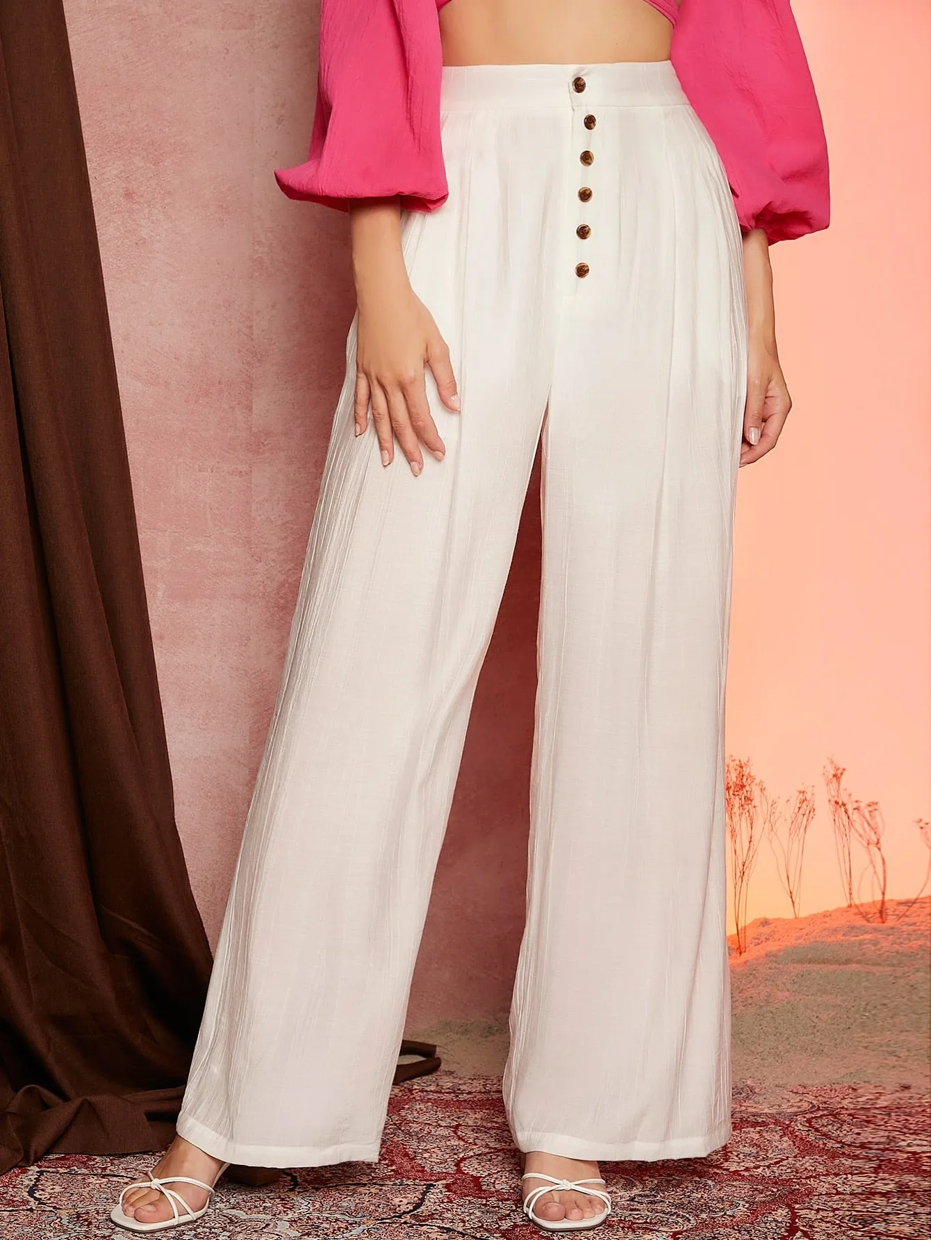 Casual Plain Button Front High Waist Long Women Pants