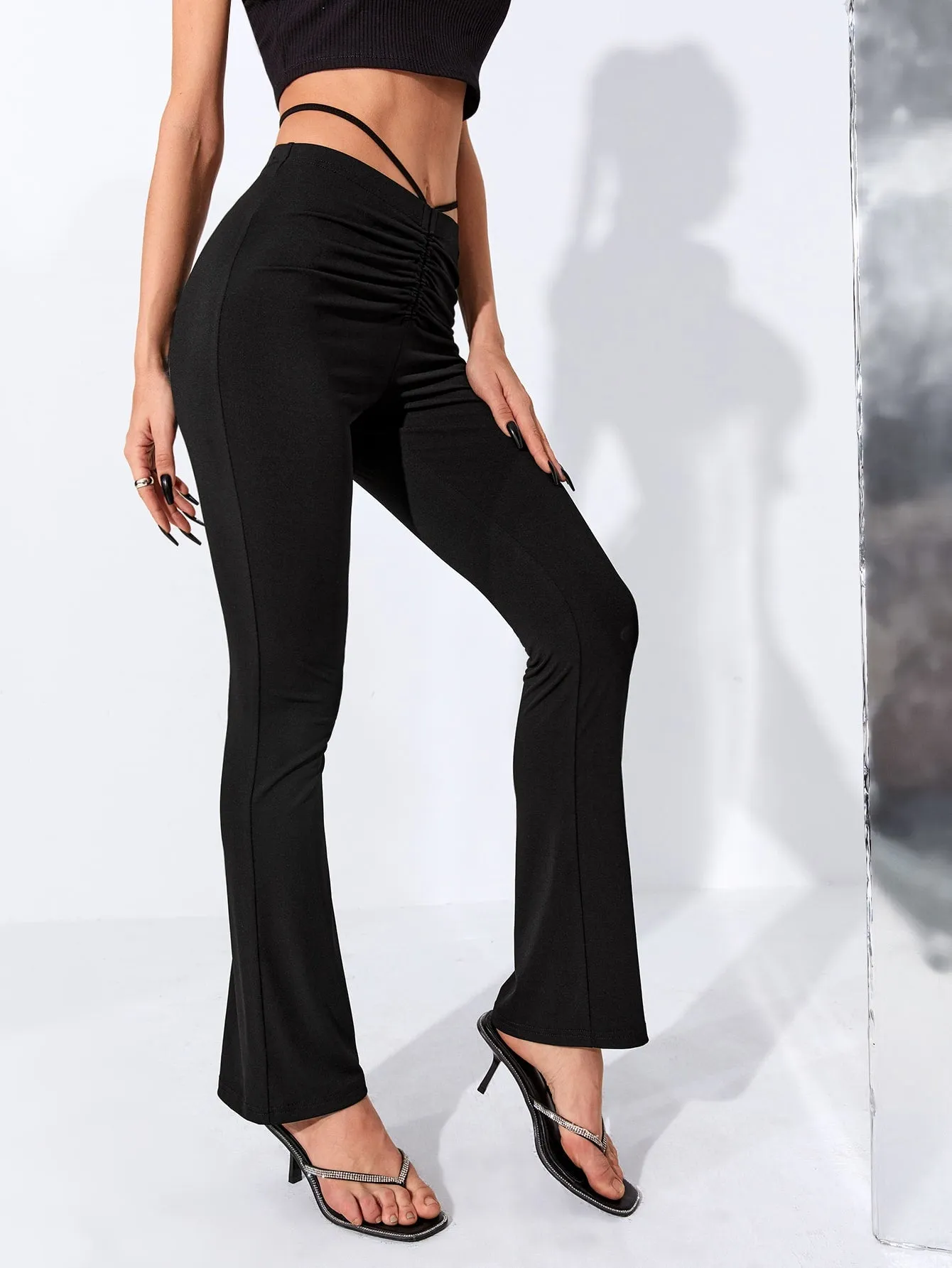 Casual Plain Ruched Natural Long Women Pants