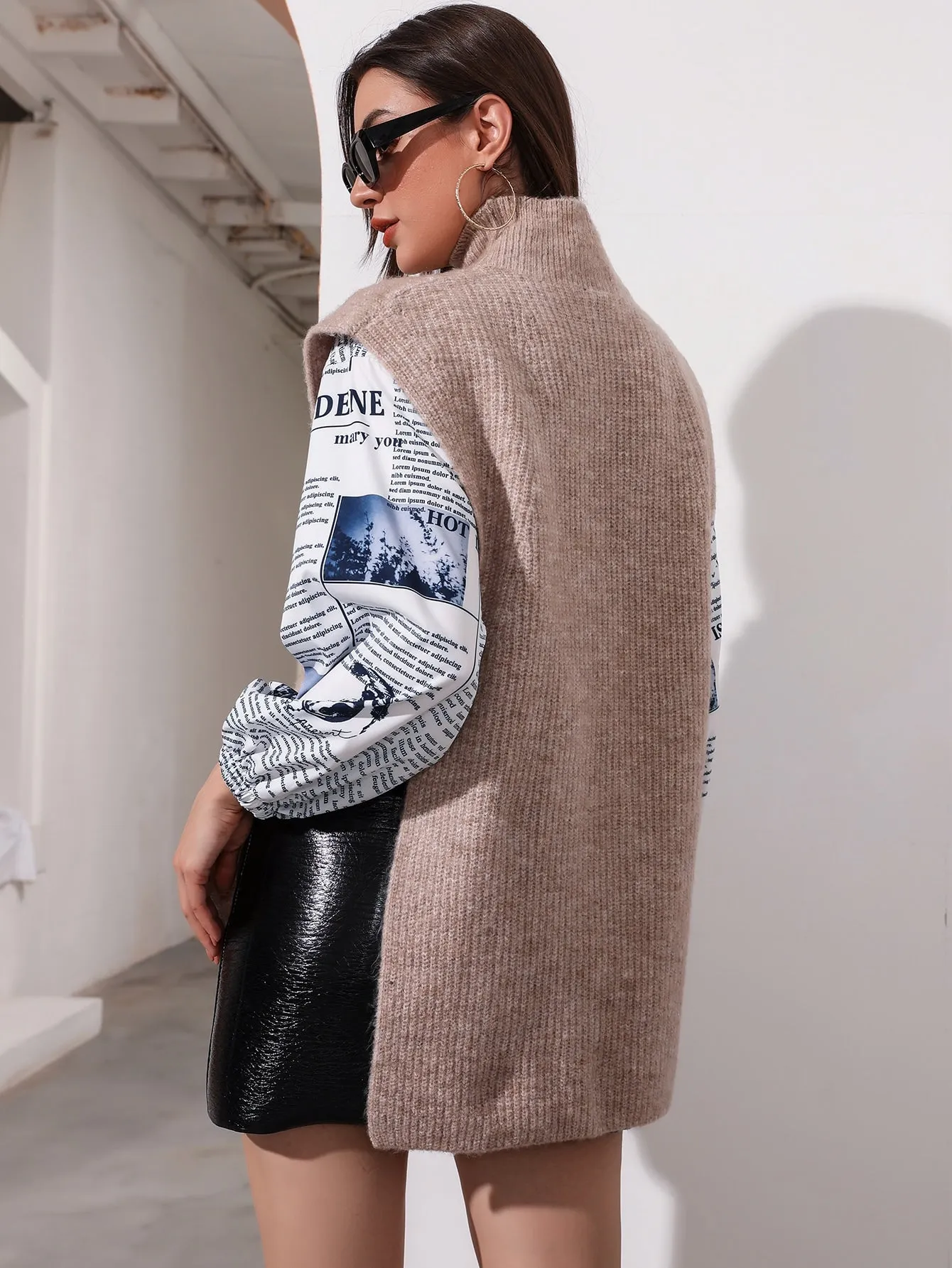 Casual Plain Sleeveless High Neck Long Women Knit Top
