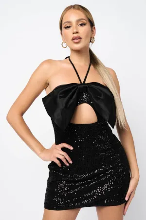 CHIC SEQUINS & METALLIC BIG BOW HALTER MINI DRESS