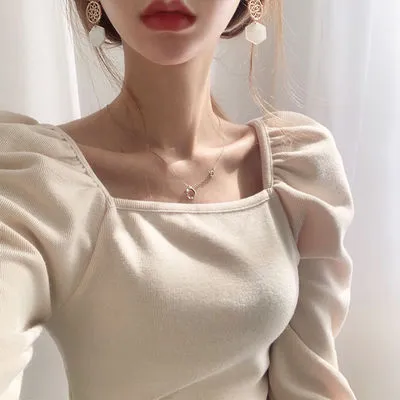 Chic Square Collar Slim Fit Pleated Puff Sleeve Knit Top