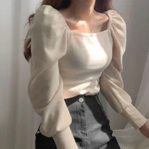 Chic Square Collar Slim Fit Pleated Puff Sleeve Knit Top