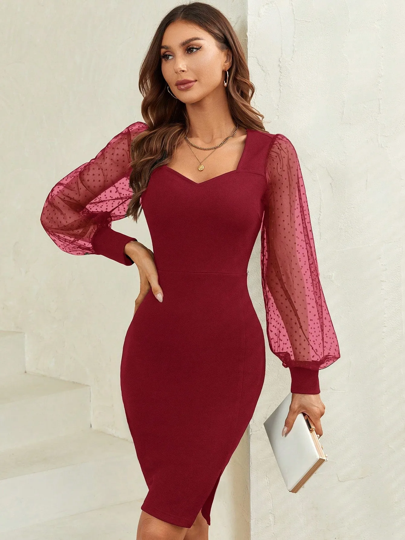 Clasi Contrast Dobby Mesh Lantern Sleeve Split Hem Bodycon Dress
