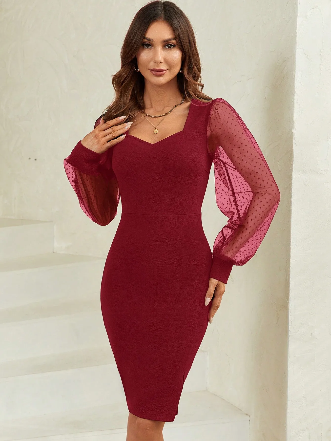 Clasi Contrast Dobby Mesh Lantern Sleeve Split Hem Bodycon Dress