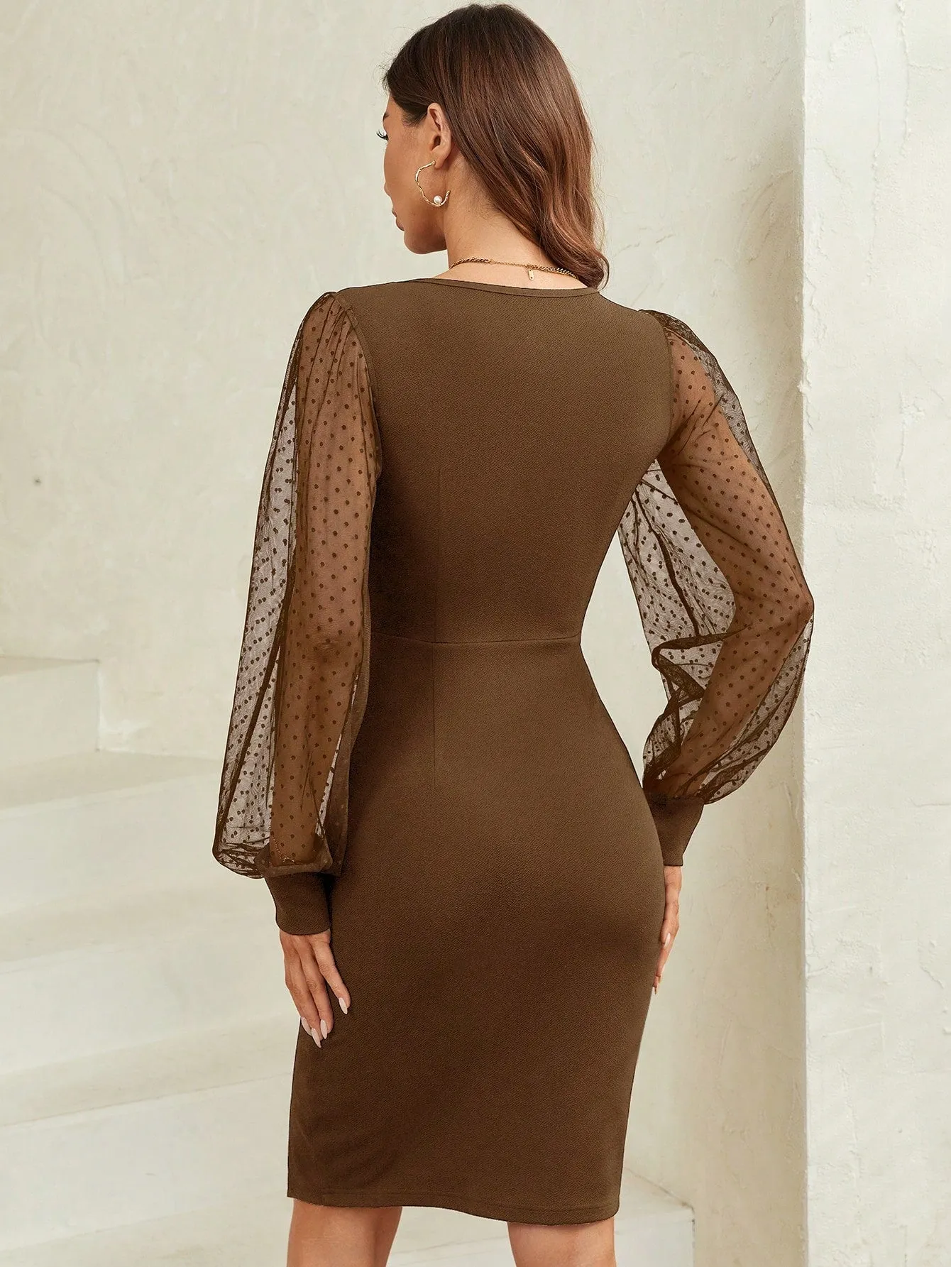 Clasi Contrast Dobby Mesh Lantern Sleeve Split Hem Bodycon Dress