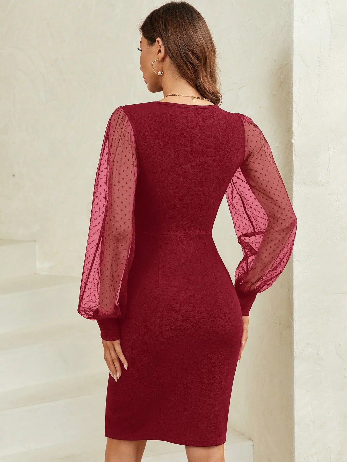 Clasi Contrast Dobby Mesh Lantern Sleeve Split Hem Bodycon Dress