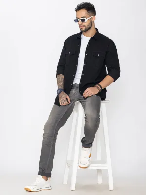 Classic fit black denim shirt double pockets