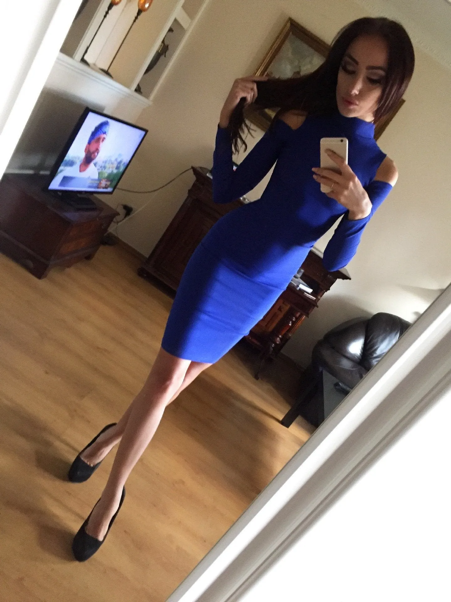Clearance Turtle Neck Dew Shoulder Long-Dleeves Bodycon Dress
