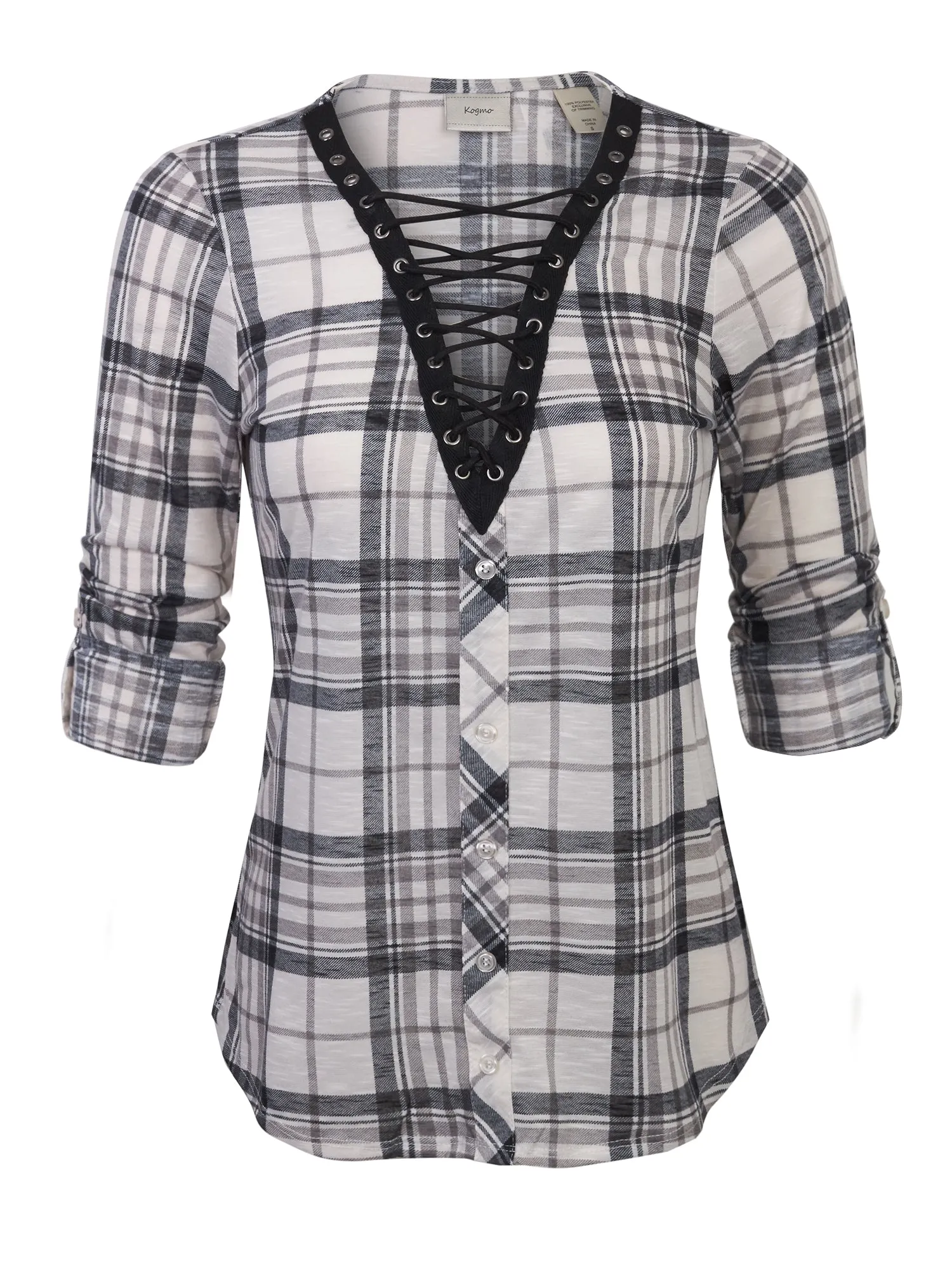 [Clearance] Womens Roll Up Sleeve Lace Up Plaid Knit Top