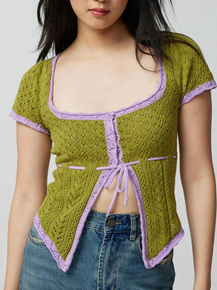 Color Square Neck Tie-Up Knit Streetwear Crop Contrast Top
