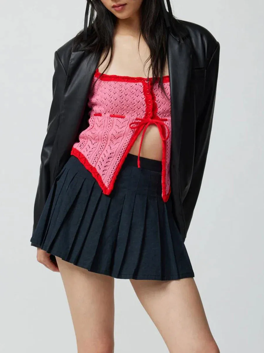 Color Square Neck Tie-Up Knit Streetwear Crop Contrast Top