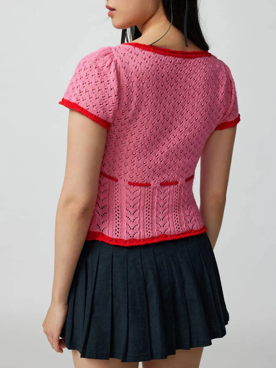 Color Square Neck Tie-Up Knit Streetwear Crop Contrast Top