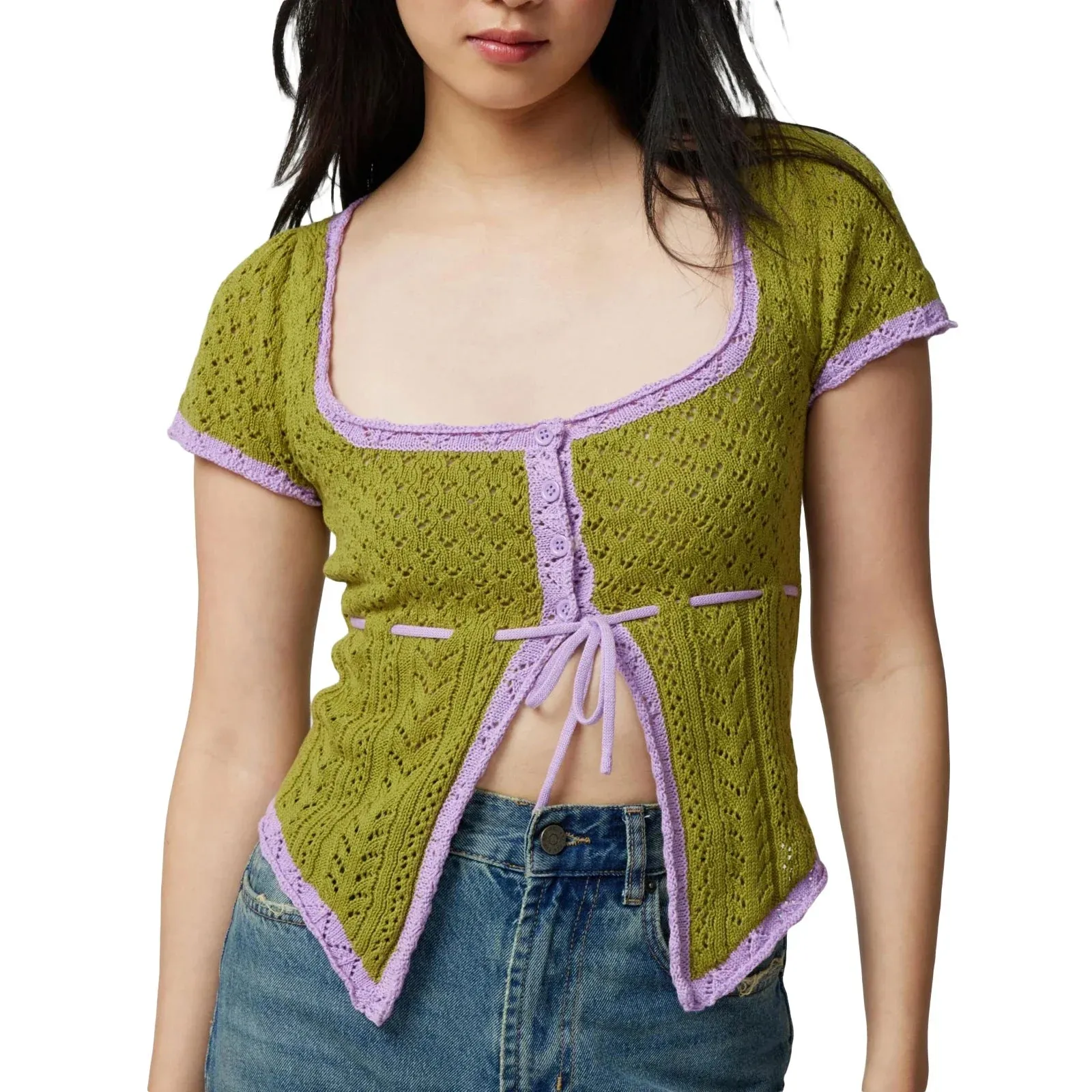 Color Square Neck Tie-Up Knit Streetwear Crop Contrast Top