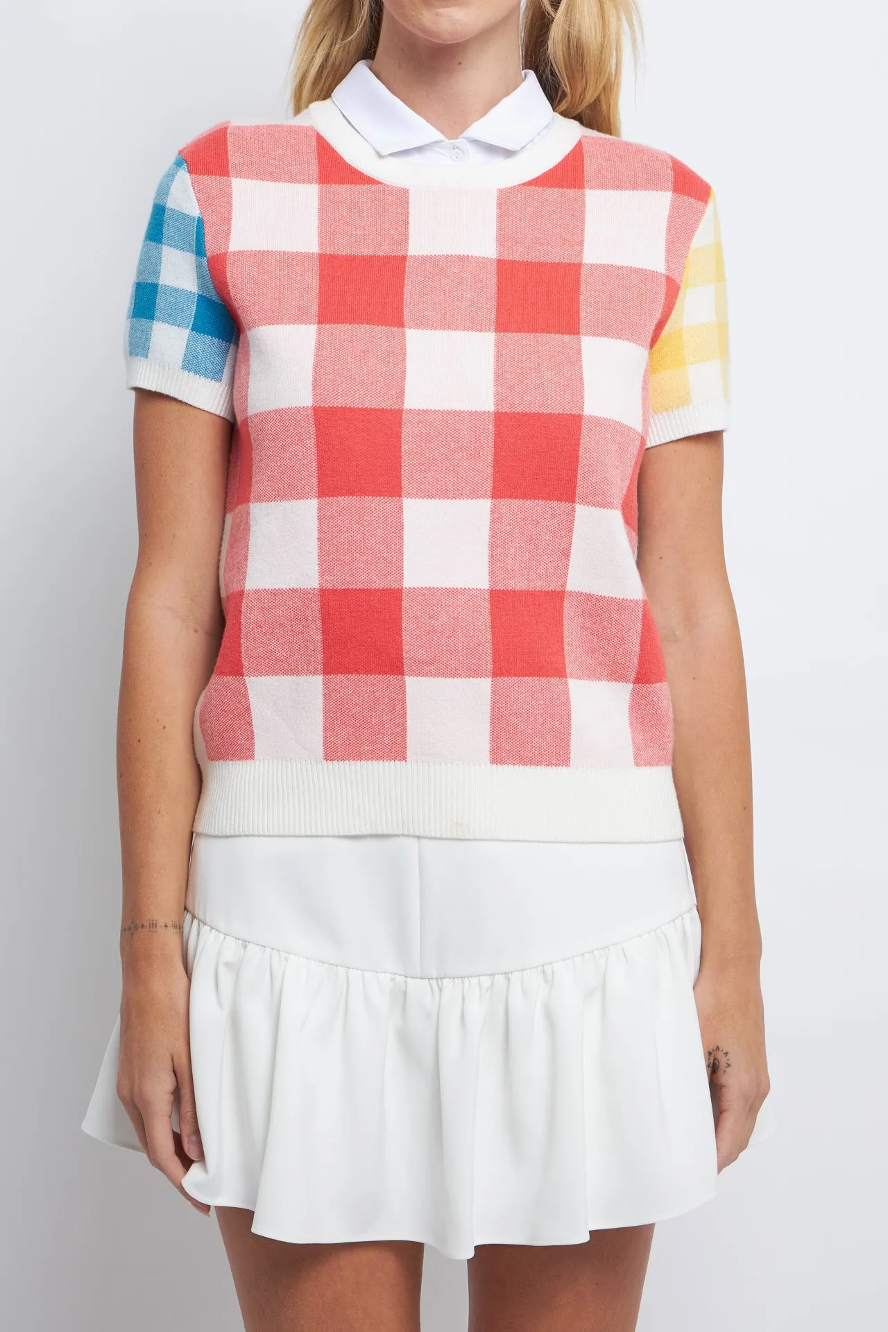 Colorblock Check Knit Top