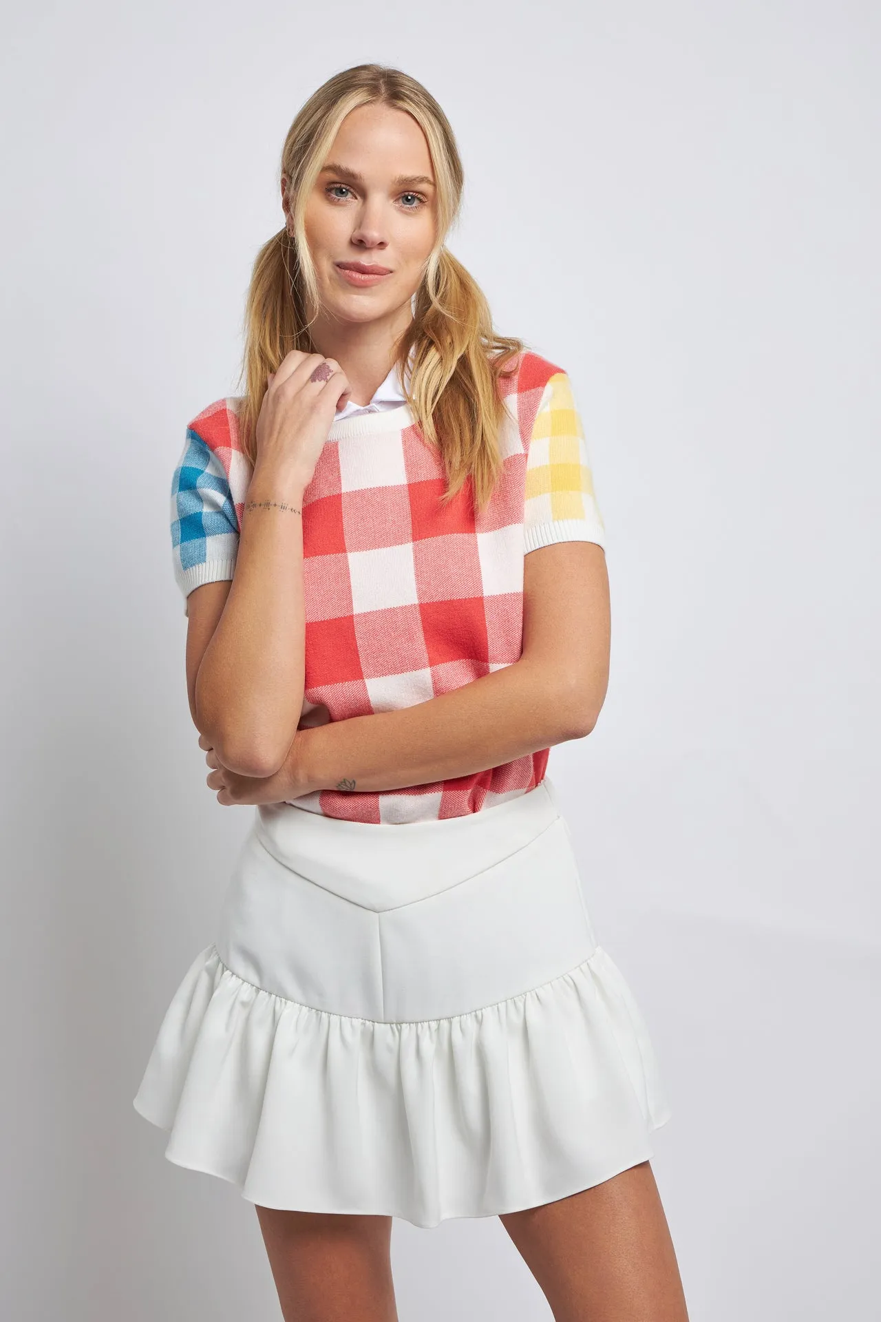 Colorblock Check Knit Top