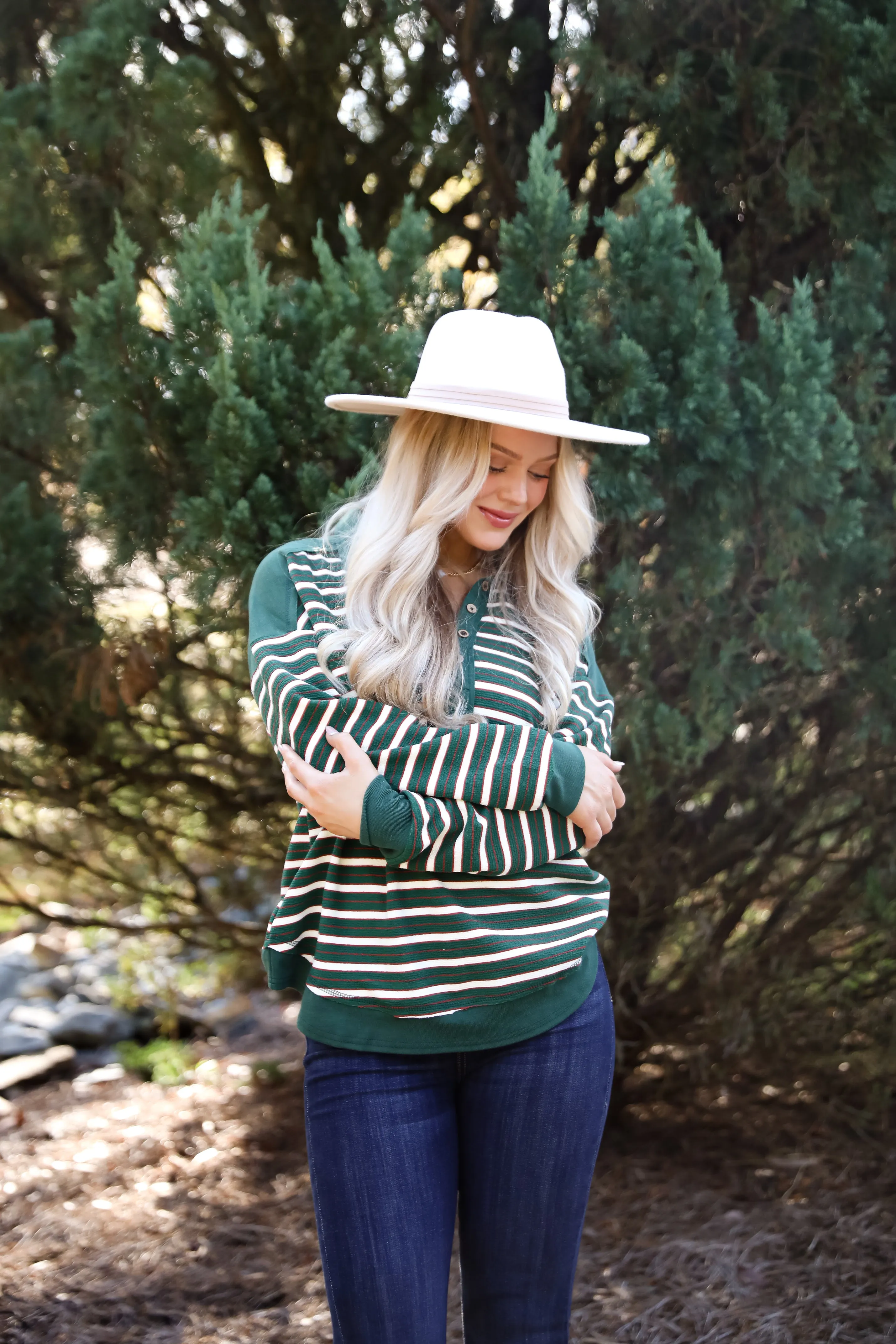 Confirmed Vibe Hunter Green Striped Collared Top - DOORBUSTER