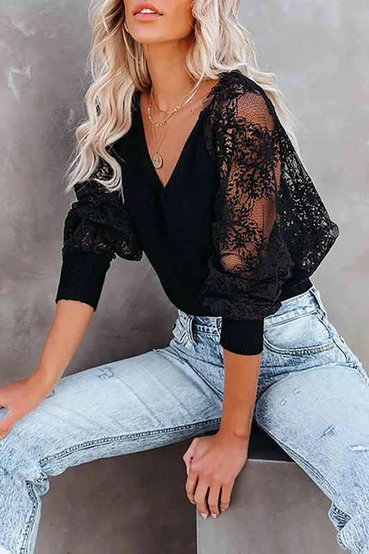 CONTRAST LACE KNIT SWEATER TOP