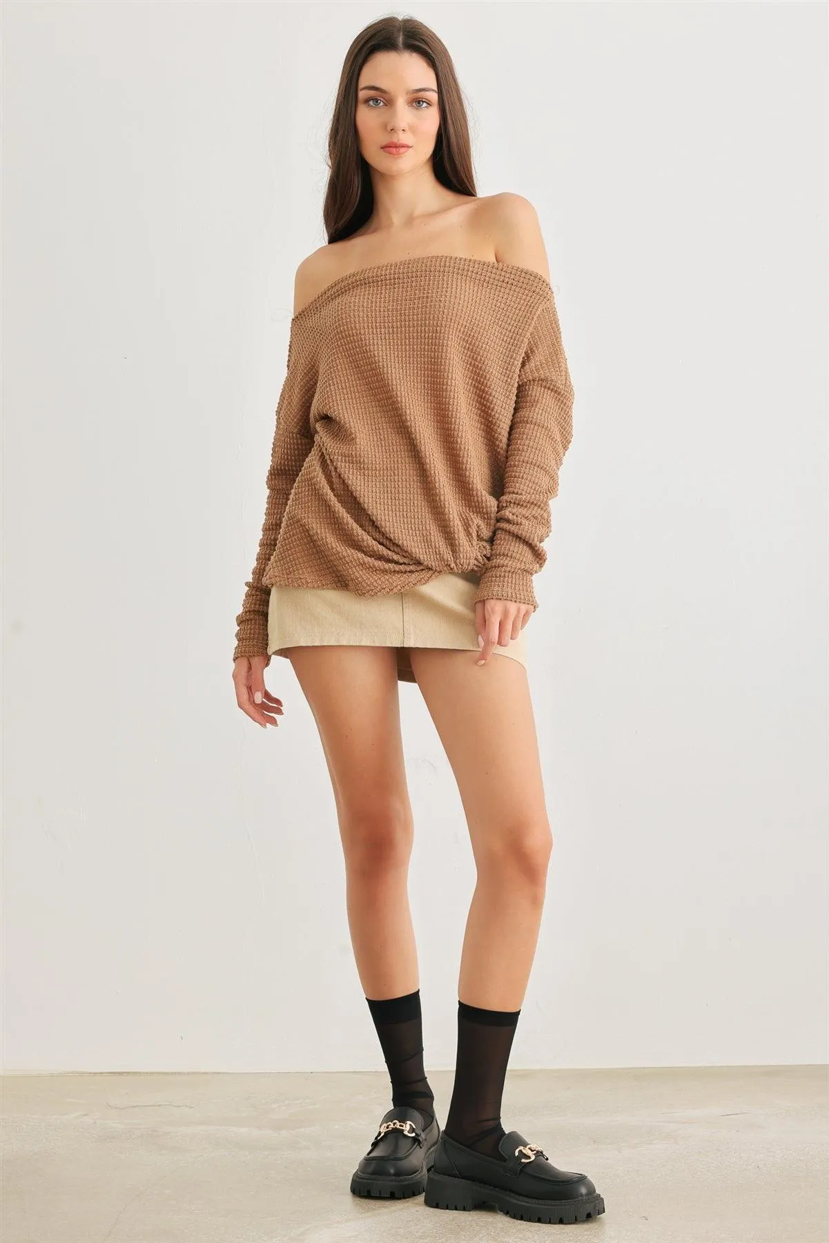 Copper Waffle Knit Off-The-Shoulder Twist Hem Top /2-2-2