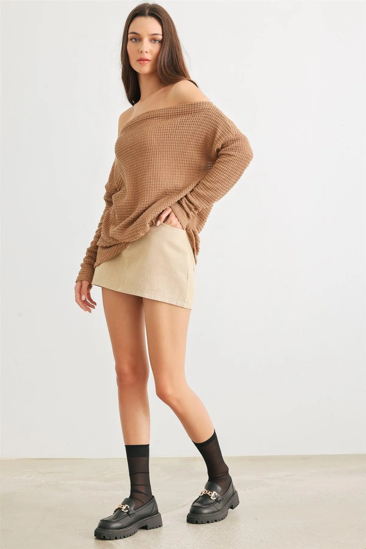 Copper Waffle Knit Off-The-Shoulder Twist Hem Top /2-2-2