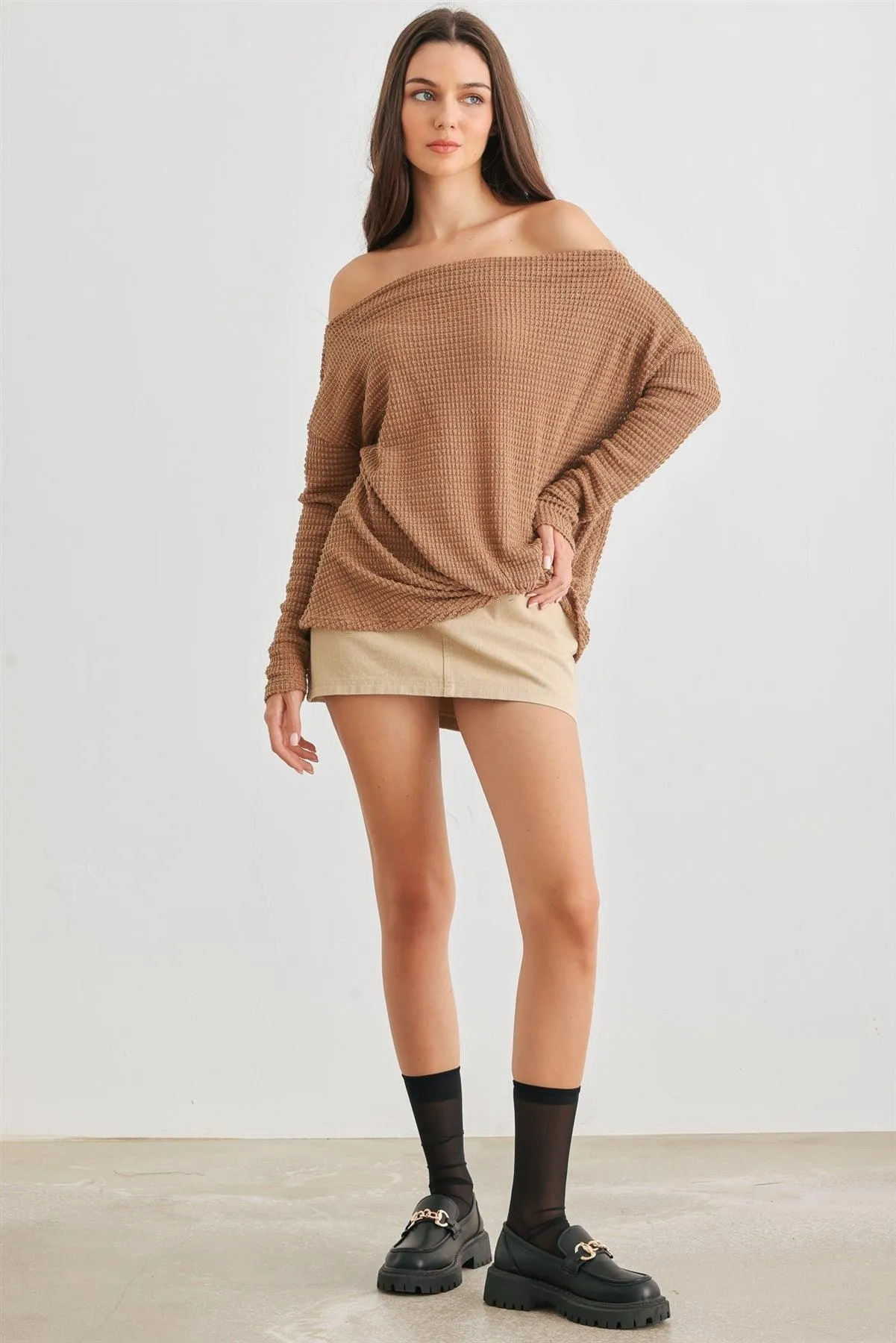 Copper Waffle Knit Off-The-Shoulder Twist Hem Top /2-2-2