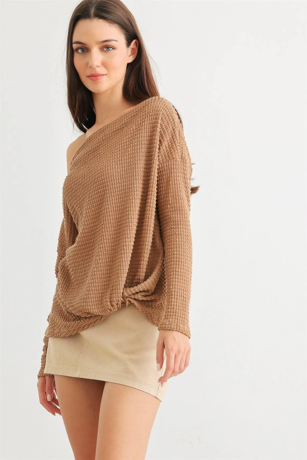 Copper Waffle Knit Off-The-Shoulder Twist Hem Top /2-2-2