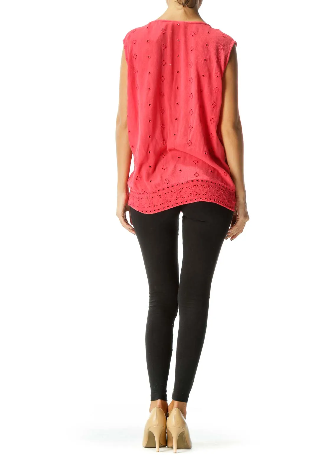 Coral Pink V-Neck Eyelet Knit Flared Tank Top